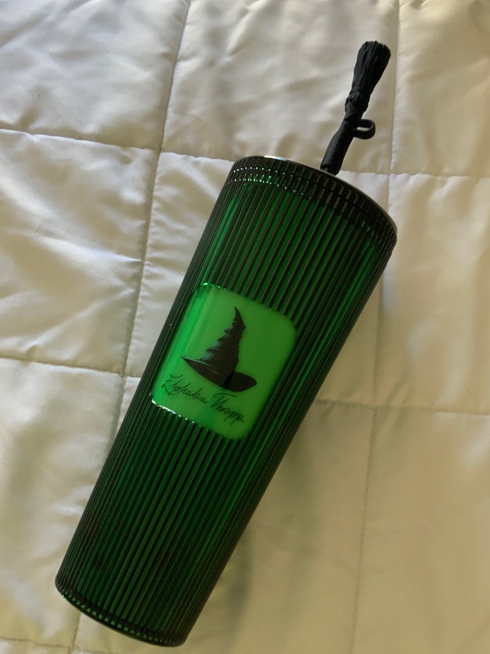 Starbucks Wicked Elphaba’ Dark Green Ribbed Travel Tumbler with topper
